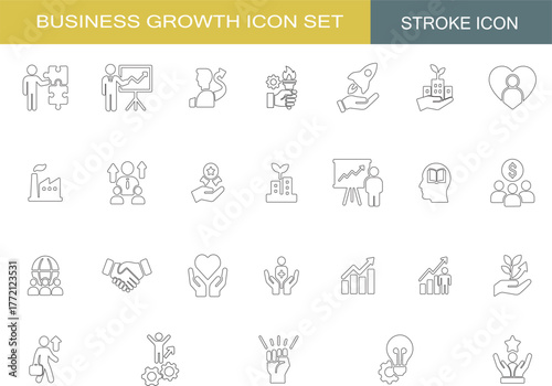 Business Growth and Success Icon Set | Strategy, Leadership, Innovation, Productivity, Motivation, Achievement, Teamwork, Finance, Development, Goal Outline Icons