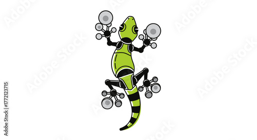 Futuristic robot gecko with suction cup feet clings to surfaces, showcasing innovative design and advanced technology for modern applications.