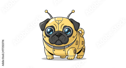 Adorable robotic pug with big expressive eyes and antenna, ready for futuristic adventures and sci fi fun