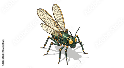 Intricate mechanical insect with detailed wings and segmented body, a unique robotic creature for science fiction