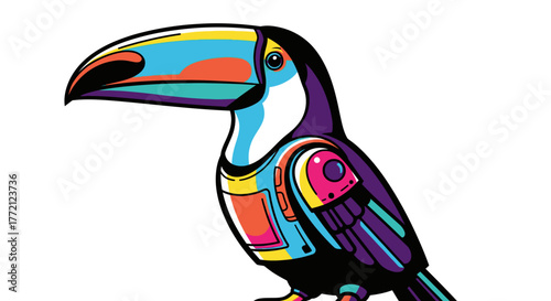 Vibrant, modern toucan illustration bursting with colorful, geometric pop art style, perfect for creative projects