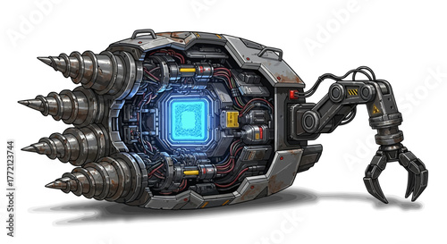 Intricate futuristic drilling machine with glowing core and robotic arm ready for industrial exploration and innovation