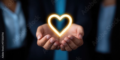 Demonstrating compassion through a golden heart in open hands corporate environment digital illustration close-up view symbolizing generosity and care