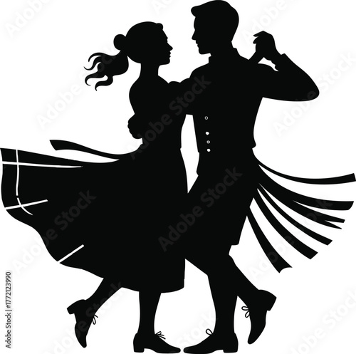 Elegant silhouette of a couple dancing, expressing romance and artistic movement, perfect for wedding designs, Valentine's Day cards, or dance studio promotions