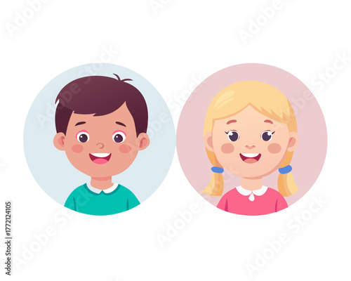 Happy kids avatars. Cute children smiling, boy girl in rounds vector set. Illustration girl and boy avatar, happy kids, child happiness. High quality
