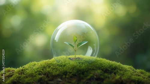 Delicate Green Seedling Encased In Transparent Bubble Resting On Mossy Ground