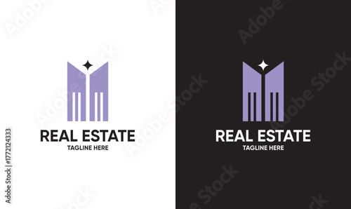 Modern minimalist real estate logo design with building icon and cross shape.