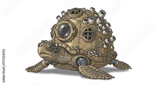 Whimsical steampunk turtle with barnacles and portholes, a unique aquatic adventurer concept