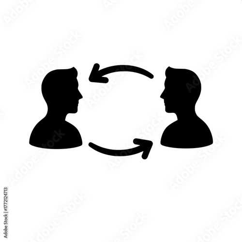 Vector icon illustrating the concept of collaborative human interaction and professional information exchange, symbolizing communication, teamwork, and a cyclical process between individuals 