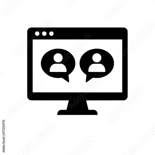 Simple black icon illustrating a digital conversation with two users in speech bubbles on a computer monitor, symbolizing an online forum or chat