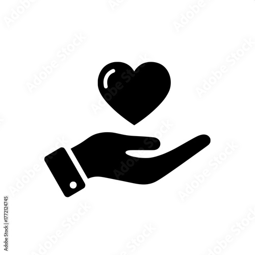 Minimalist graphic icon depicting a caring hand presenting a heart, symbolizing love, compassion, generosity, giving, and support for charitable acts or emotional connections