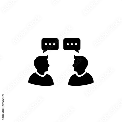 Vector glyph icon of two people engaged in conversation, symbolizing dialogue, communication, and discussion