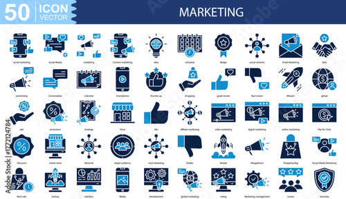 Marketing icon collection set. Containing social marketing, Social Media, marketing, Content marketing, Idea icon. Simple line vector