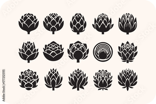 Collection of stylized black artichoke illustrations on a light background