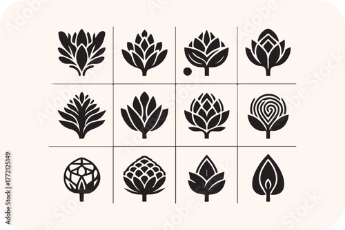 Collection of stylized black hop cones on a light background