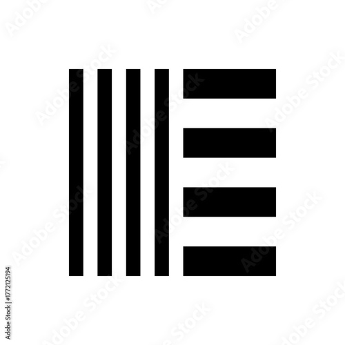 A black and white abstract design featuring vertical and horizontal bars arranged in a geometric pattern