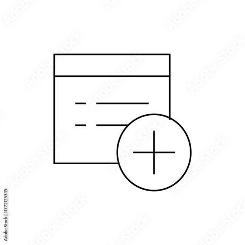 Icon of a document with horizontal lines and a plus sign inside a circle in outline style design concept