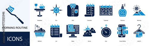 Morning Routine icon collection set. Containing Breakfast, Sun, Shirt, Checklist, Calendar icon.