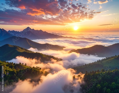 Majestic aerial view of mountains emerging from a sea of clouds