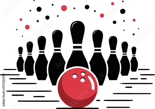 A flat vector illustration of a bowling alley featuring a red bowling ball rolling towards a set of pins. EPS version.