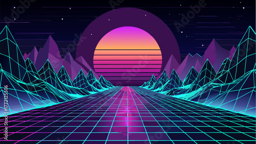 Retro Styled Landscape Illustration with Grid Mountains, Vibrant Gradient Sun, and Cyberpunk Horizon for Digital Vaporwave.
