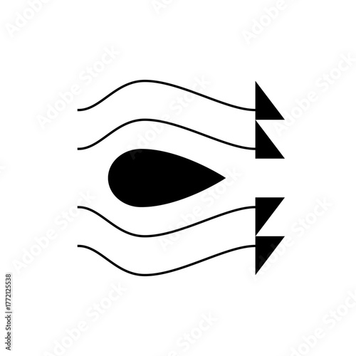Illustration of airflow around an airfoil shape with streamlines and direction indicators showing flow direction