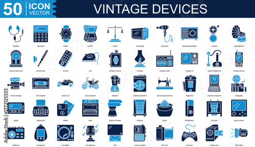 vintage devices icon collection set. Containing compas, gramaphone, ancient wall clock, ancient pen, remote, iron icon.