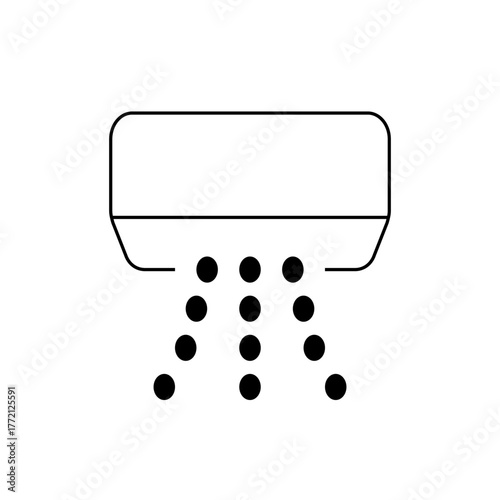 Illustration of an air conditioner unit with air flow represented by a series of descending black dots