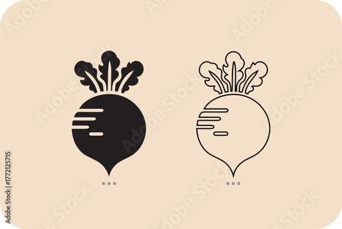 Stylized black and white beetroot icons with leaves on beige background
