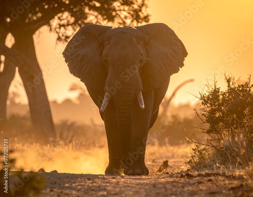 Majestic African elephant walks towards the camera in golden sunrise