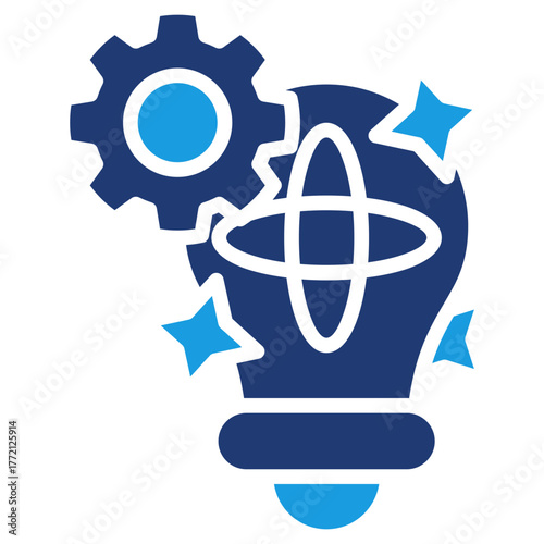 Blue Glyph Innovation Icon – Smart Light Bulb and Gear Representing Technology and Creativity