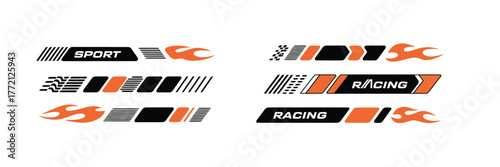 Racing Stripe and Decal Vector Collection – Sport-inspired designs with arrow shapes, fire flames, and speed line graphics perfect for car tuning, wraps, and motorsport decoration.
