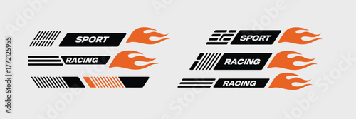 Sport Car Tuning Stripe Vector Pack – Flat racing line designs featuring arrows, flames, and geometric elements ideal for automotive wraps, boats, and moto racing graphics.