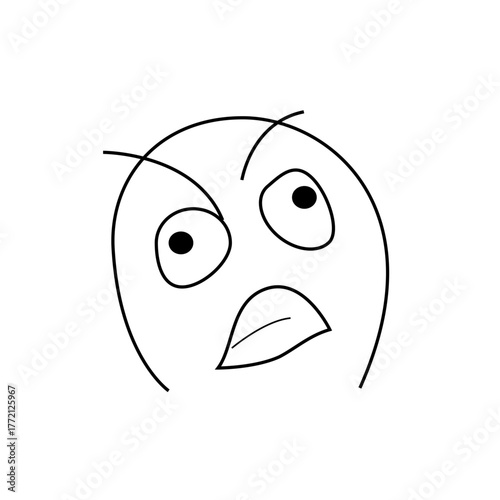 Outlined cartoon face with furrowed brows and an expression of annoyance on a white background showing emotion