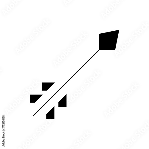 Illustration of a black arrow with a geometric arrowhead and fletching on a white background design element