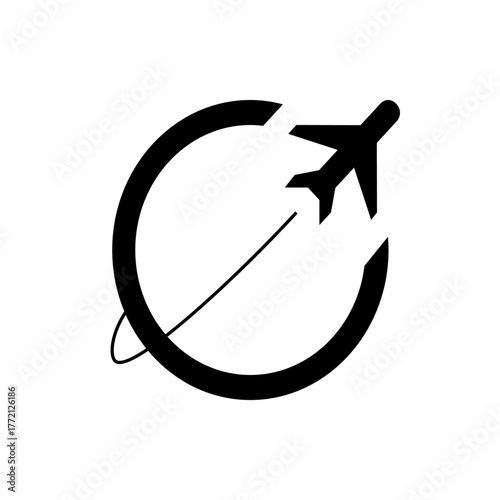 Airplane flying around a circular path with a black and white minimalist travel themed design element icon