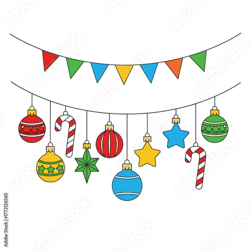 Colorful christmas ornaments and flags hanging on a string. Festive decoration.
