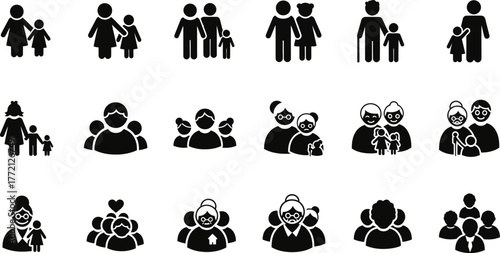 Collection of black silhouette family icons representing diverse family structures isolated on transparent background