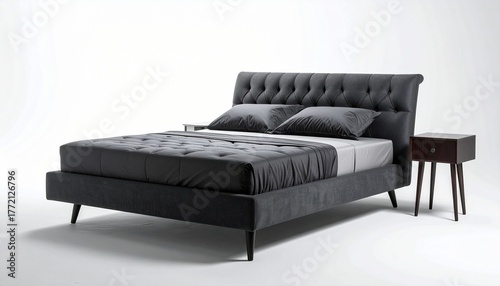 Elegant Gray Tufted Upholstered Bed with Nightstand on White Background