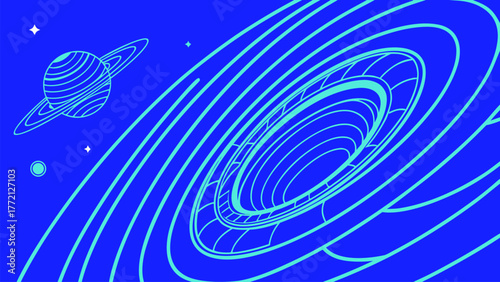 Abstract Space Landscape with Black Hole Portal and Planet with Rings Vector Art Cosmic Voyage Illustration. Exploration Conceptual Background Graphic Design.