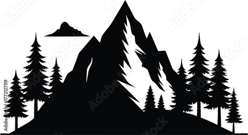 Mountain landscape silhouette with pine trees vector illustration