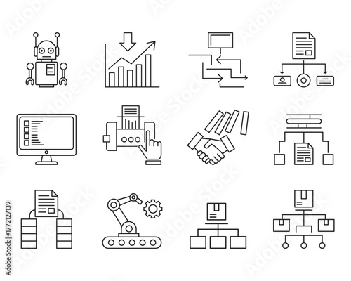 Business Automation Icon Set Design. Workflow, Process Optimization, Management Symbol Vector Template