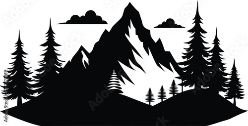 Mountain landscape silhouette with pine trees vector illustration