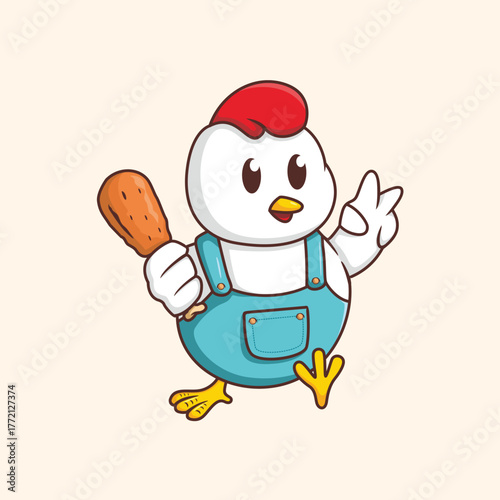 Fun and adorable cartoon character of a baby chicken wearing blue overalls and holding a fried chicken drumstick, showing a peace sign.