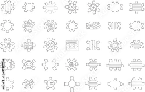 Collection of hand drawn architectural floor plan symbols for furniture and seating arrangements in a top down view