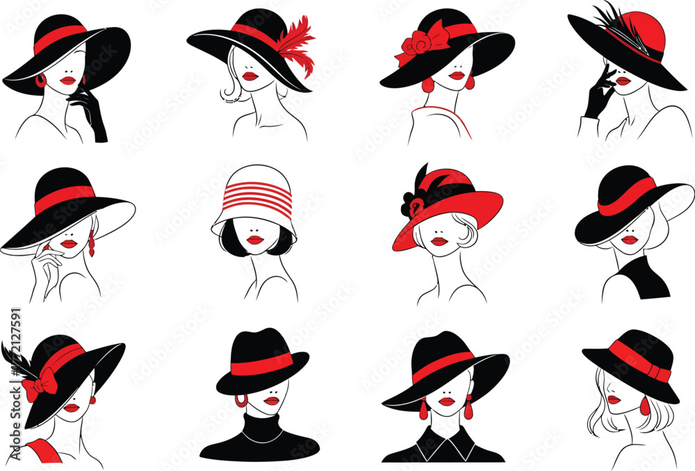 Naklejka premium Collection of elegant vintage fashion illustrations featuring women wearing stylish hats and fashionable attire