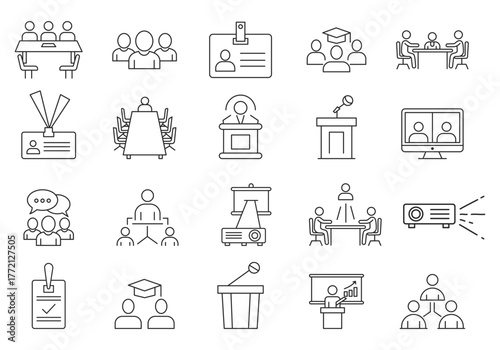 Flat Line Conference Icon Set Design. Online Meetings, Workshops, Business Meetings, Seminars, Networking Symbol