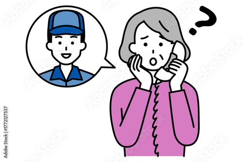 配達員に電話で相談する年配の女性