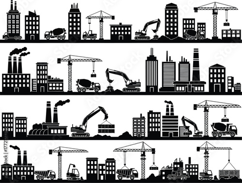 Diverse collection of black and white silhouette cityscapes featuring construction sites with cranes and excavators in a modern urban setting