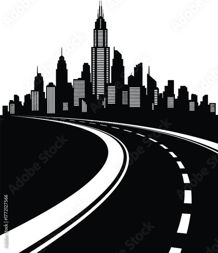 Black and white silhouette of a modern city skyline with a winding road leading towards the urban landscape